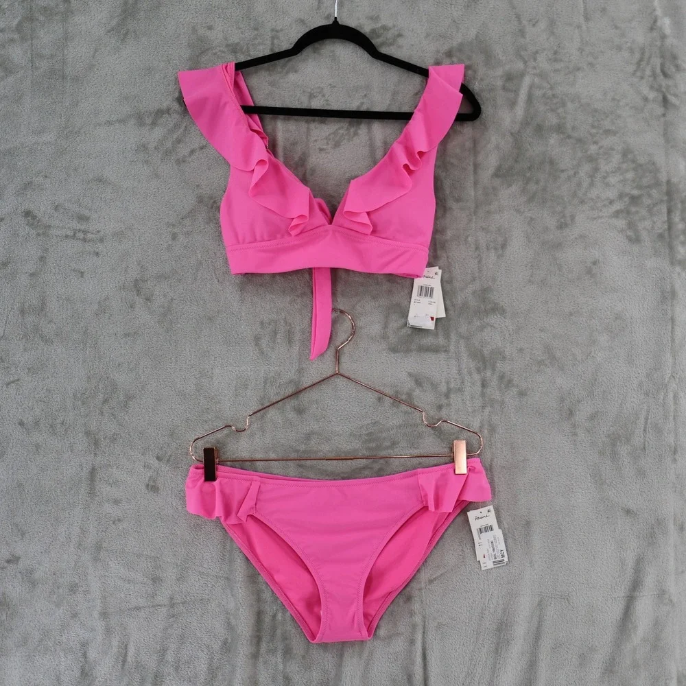 Raisins‎ Canne Bikini Set Women Large Pink Ruffle V-Neck $96 Resort Cruise NWT